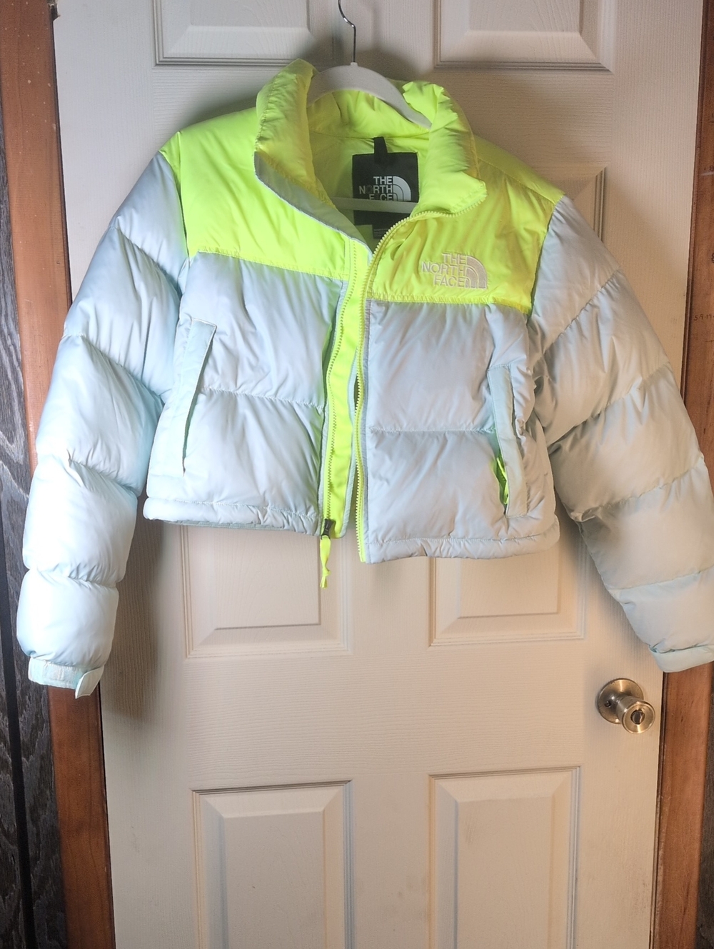 The North Face Neon Yellow & Light Blue Cropped Puffer Jacket